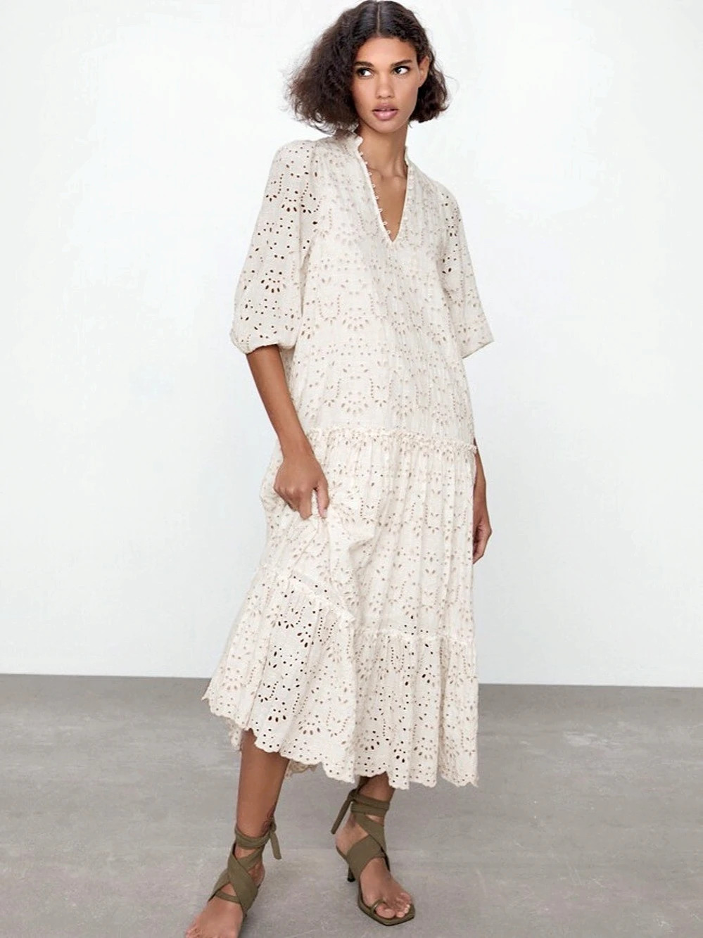 Zara Cutwork Embroidery Midi Dress in Cream